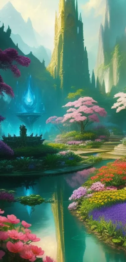 Serene fantasy garden with vibrant flowers and mystical architecture.