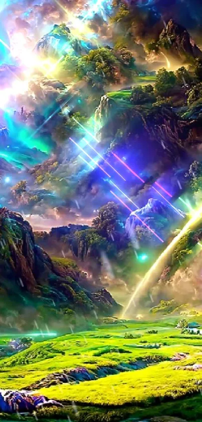Enchanting fantasy landscape with vibrant skies and lush green hills.