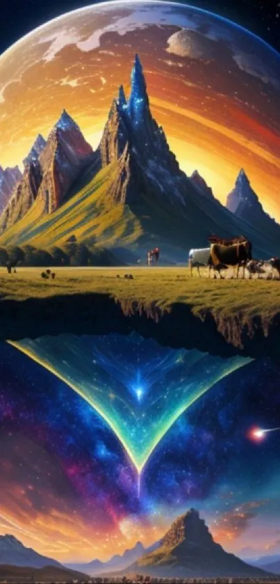 Surreal cosmic landscape with mountains and planets.