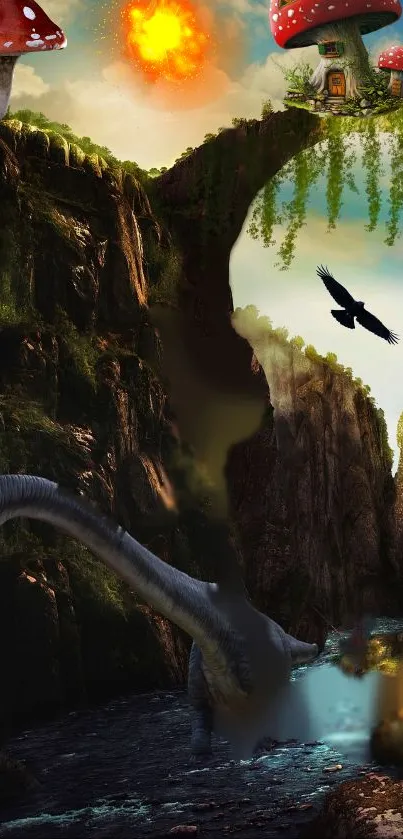 Fantasy scene with dinosaur, bridge, and mushrooms.