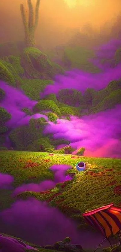 Fantasy landscape with purple mist and green hills mobile wallpaper.
