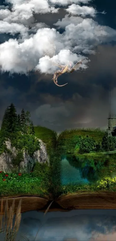 Fantasy landscape with dragon, castle, and open book.