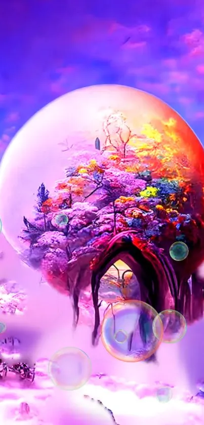 Fantasy landscape with purple trees and mystical scenery.