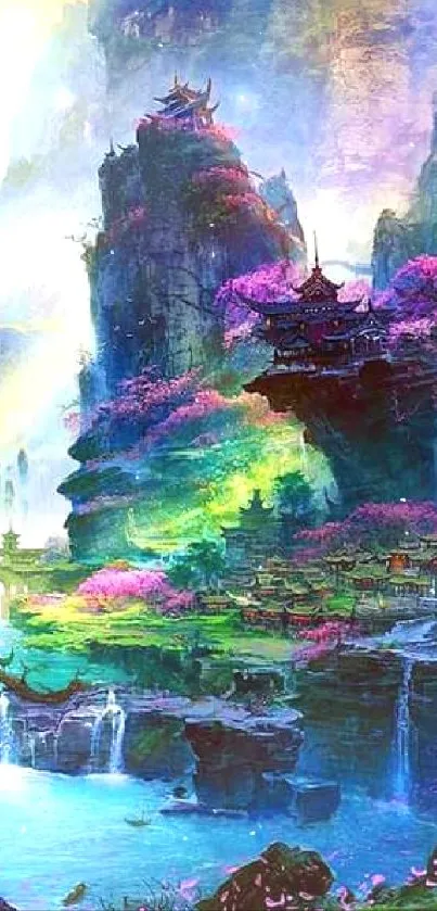 A vibrant fantasy landscape with mountains, trees, and a serene waterfall scene.