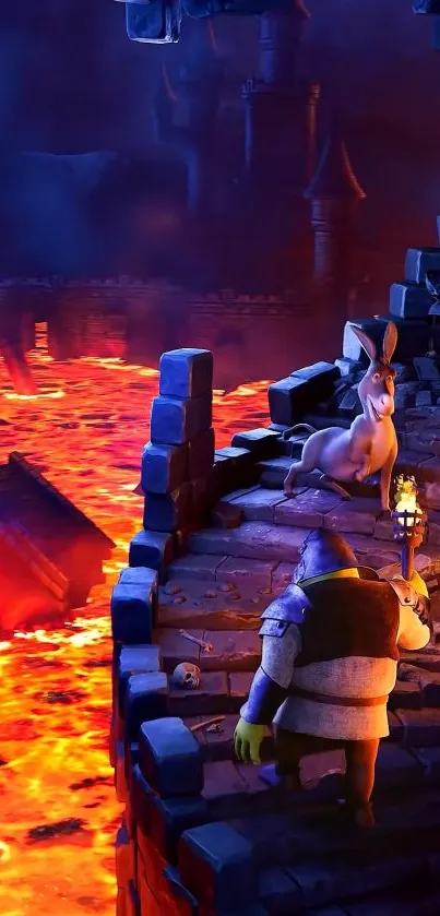 Fantasy wallpaper with lava and castle backdrop, featuring animated characters.