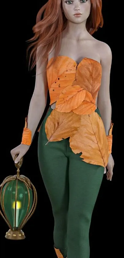 Fantasy character in leaf attire holding a lantern.