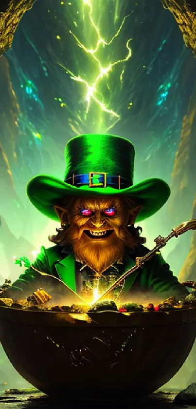 Leprechaun guarding gold in a magical cave with vibrant green lighting.