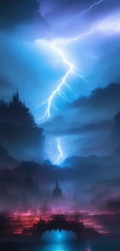 Fantasy landscape with vibrant lightning in mystical blue and purple hues.