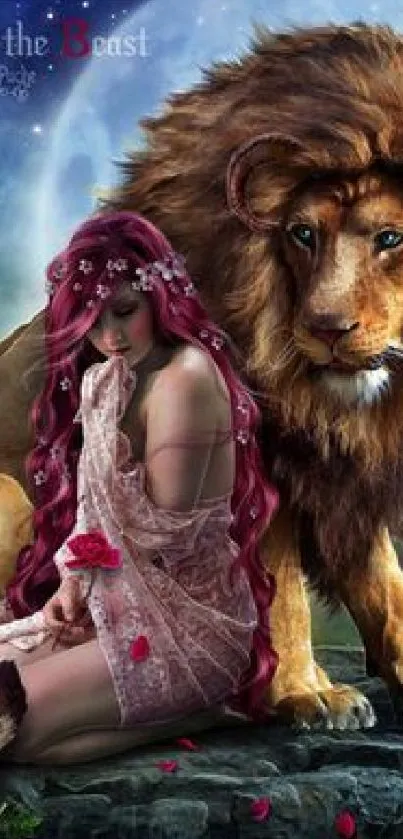 Enchanting wallpaper of woman and lion in fantasy setting.