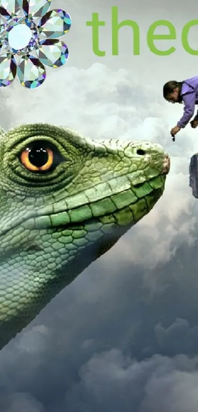 Surreal wallpaper with giant lizard and cliff in a fantasy setting.