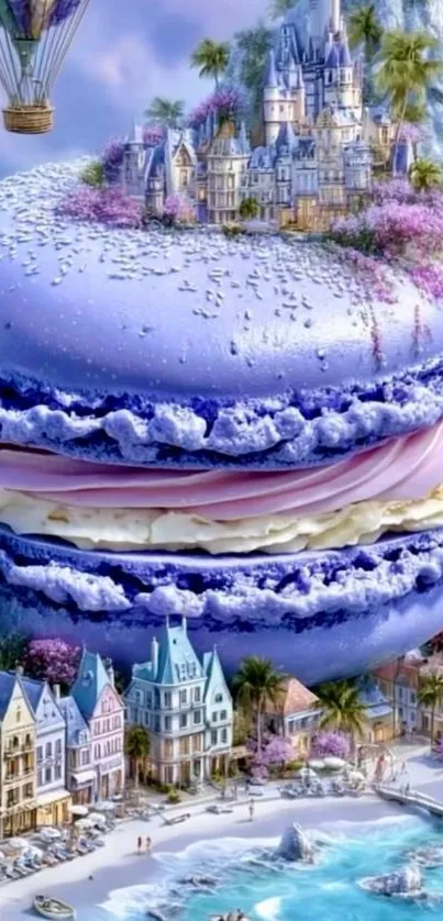 A fantasy castle perched on a giant macaron with a scenic background.