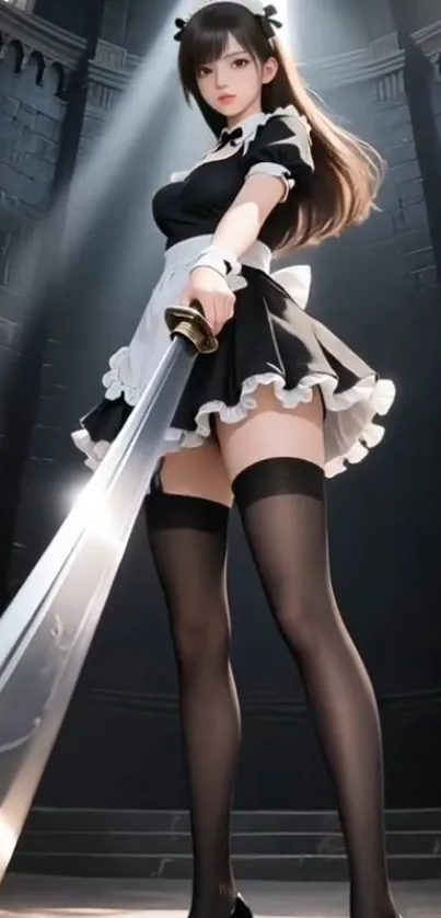 Anime-style maid holding a sword in a castle setting.