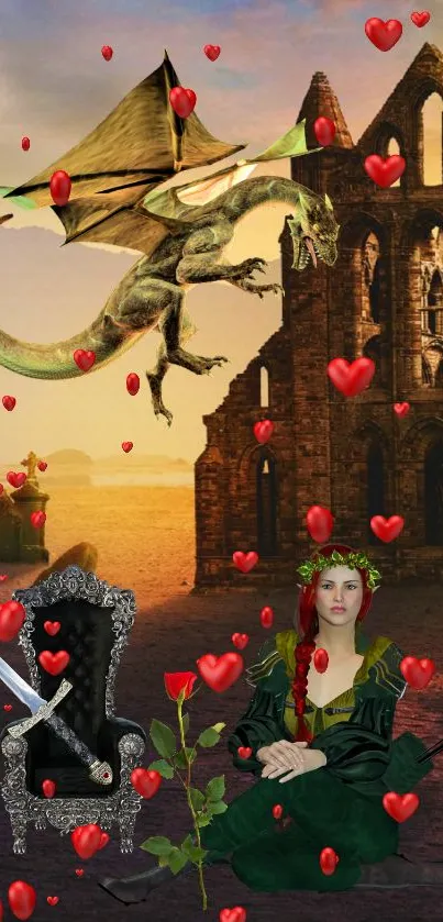 Fantasy scene with dragon, maiden, castle, and hearts.