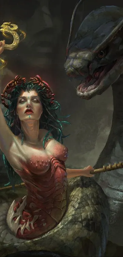 Medusa raises golden sticks alongside a giant snake in dark fantasy art.