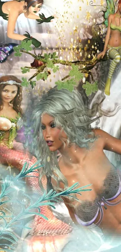 Fantasy wallpaper with mermaids and fairies in an aqua blue setting.