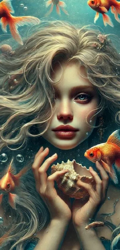 Mystical mermaid with goldfish and seashell in fantasy art.