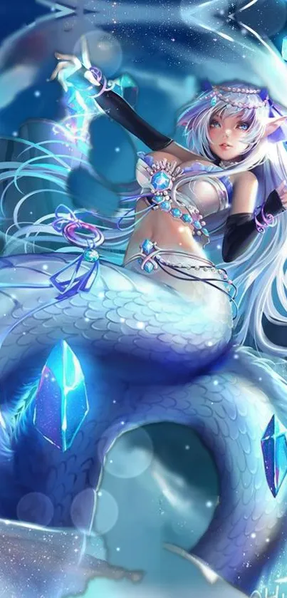 Majestic mermaid with crystals fantasy wallpaper in blue tones.