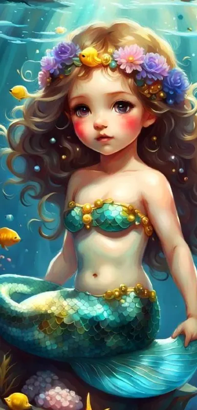 Mermaid with vibrant underwater scene and colorful sea life.