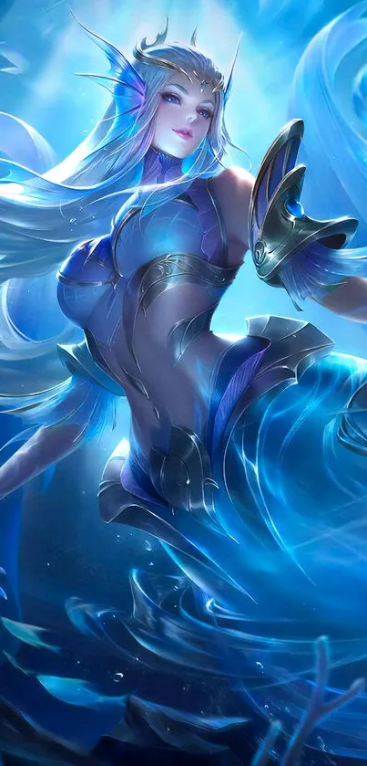 Fantasy mermaid in blue hues with an ethereal glowing effect on mobile wallpaper.