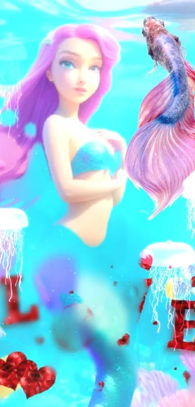 Colorful mermaid and fish in a fantasy underwater scene with aqua blue background.