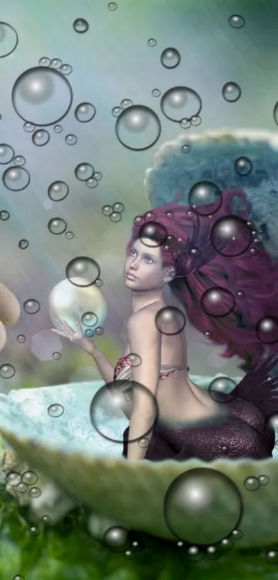 Fantasy wallpaper of a mermaid in a shell with bubbles.