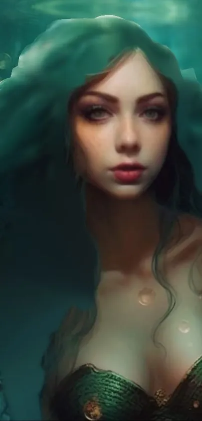 Ethereal mermaid in teal underwater scene mobile wallpaper.