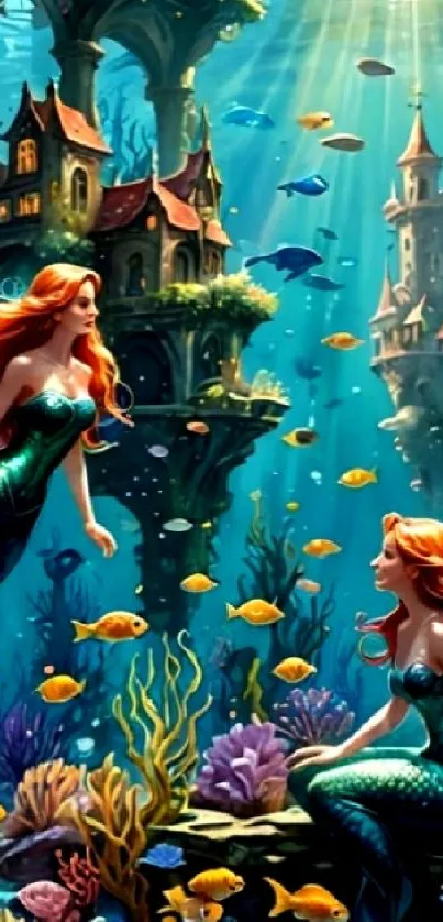 Enchanted underwater scene with mermaids and castles.