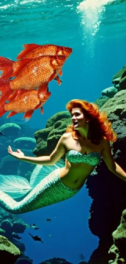 Red-haired mermaid and fish in vibrant underwater scene.