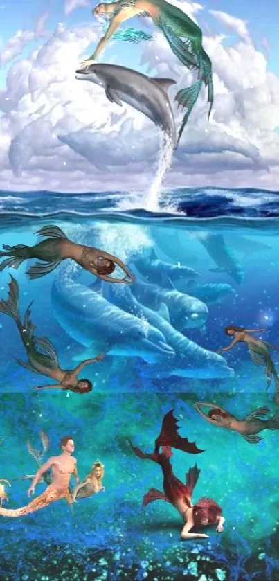 Fantasy ocean wallpaper with mermaids and dolphin.