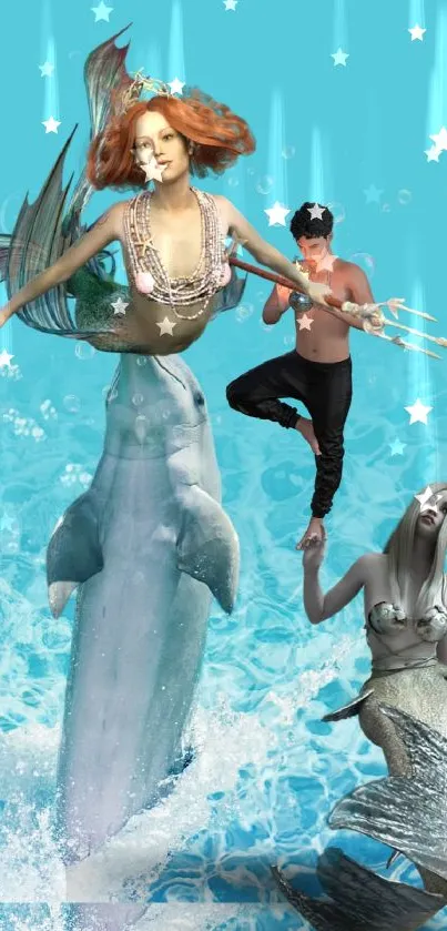 Fantasy mermaids and sea creatures in vibrant ocean scene.