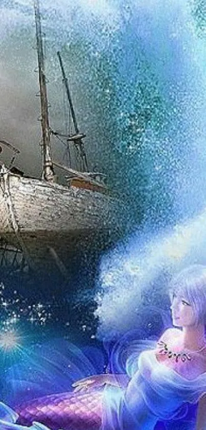 Mystical mermaid next to a shipwreck in ocean waves.