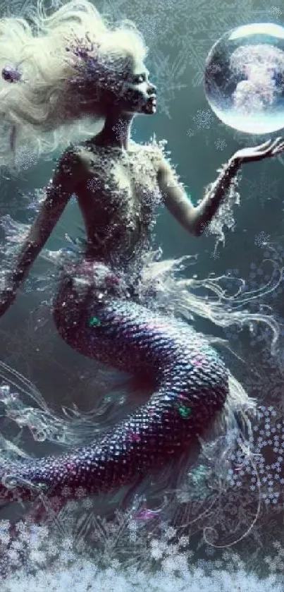 Ethereal underwater mermaid with shimmering scales holding a glowing orb.