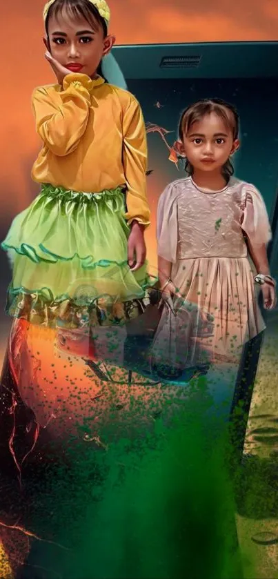 Fantasy children emerging from phone with vibrant colors.