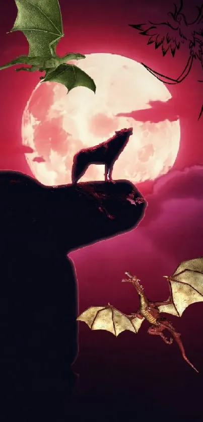 Silhouetted wolf on rock with moon and dragons in crimson sky.