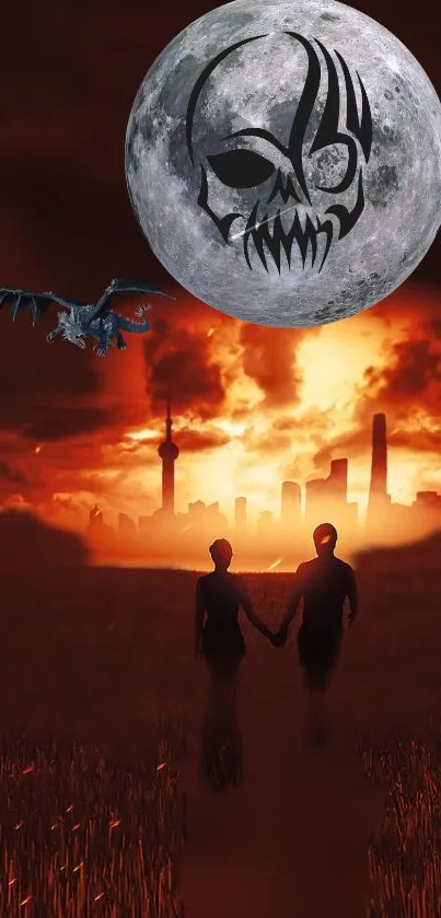 Fantasy artwork with moon, dragon, and couple silhouette over a city skyline.