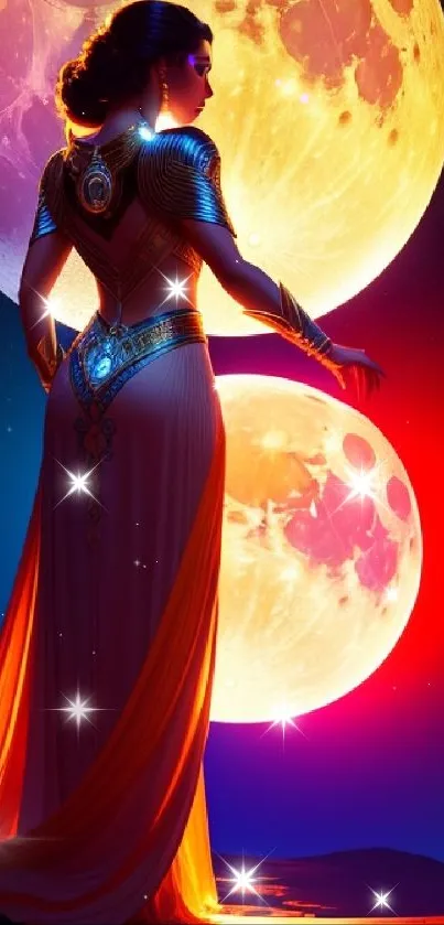 Fantasy artwork of a goddess with two glowing moons.