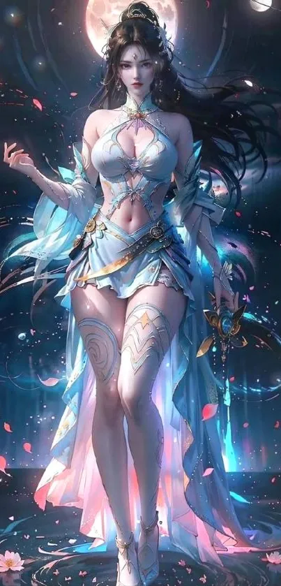 Fantasy goddess under moonlit sky with vibrant, flowing attire and elegant patterns.