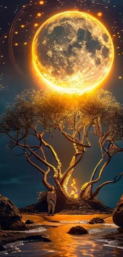 Fantasy moonlit landscape with glowing tree.