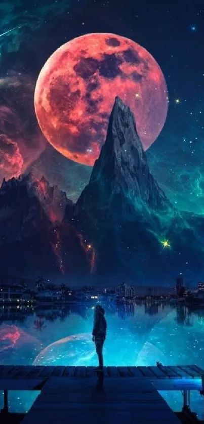 Fantasy landscape with red moon and mountains reflecting on a serene lake.