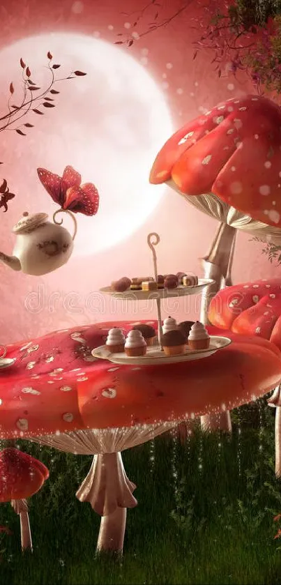 Whimsical tea party on mushrooms under a moonlit sky.