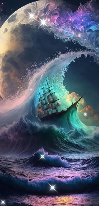 A ship sails through majestic waves under a fantasy moonlit sky, vibrant and mystical.