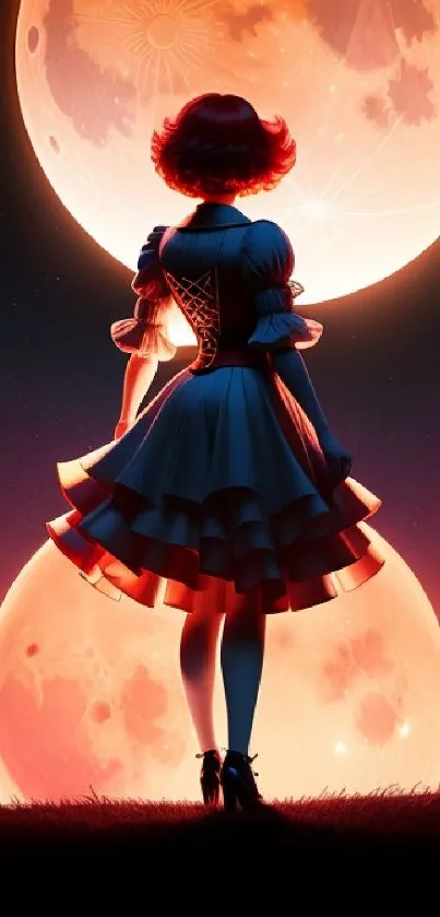 Silhouette of a figure standing before glowing orange moons in a fantasy setting.