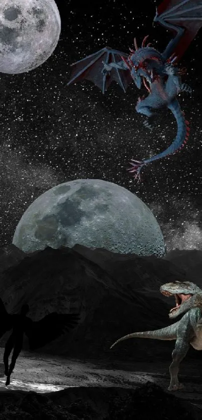 Fantasy landscape with dragons, dinosaurs, and a moonlit sky.