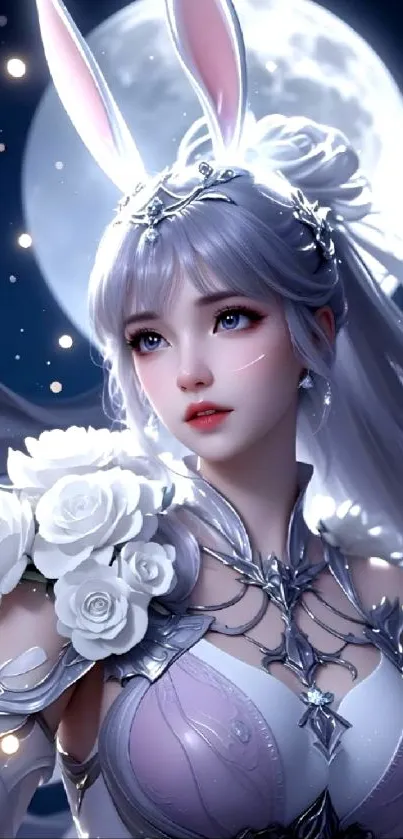 Anime warrior princess under a moonlit sky with white roses and armor.