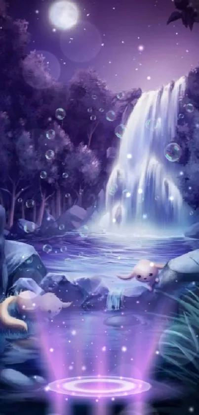 Magical moonlit waterfall in a mystical forest setting with purple hues.