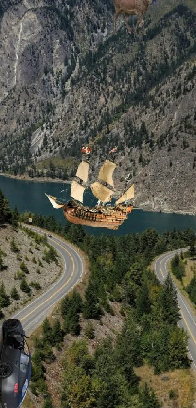 Fantasy mountain landscape with floating ship and winding roads.