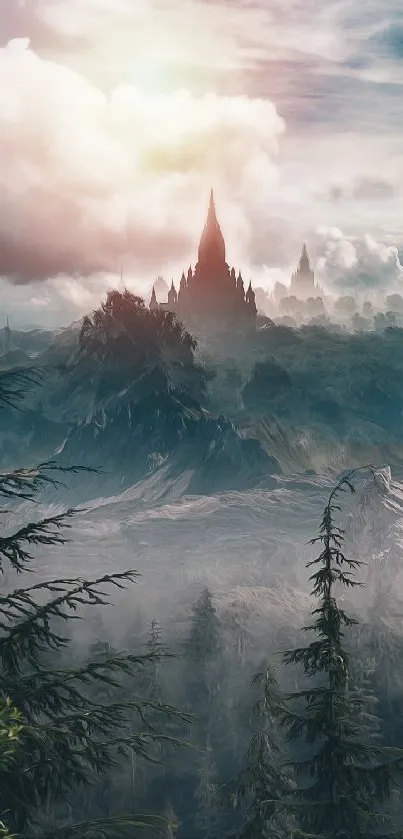 Fantasy mountain scene with a mystical castle and serene landscape.