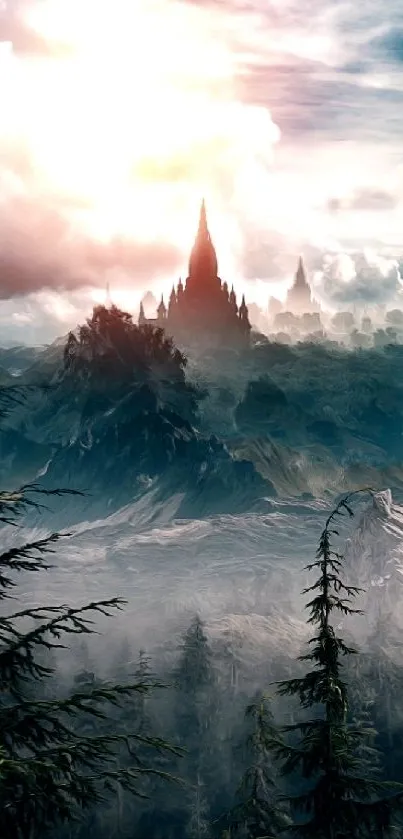 Fantasy mountain with castle under a dramatic sky.