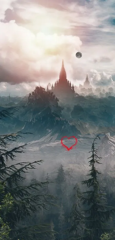 Majestic fantasy castle on a misty mountain with lush greenery.