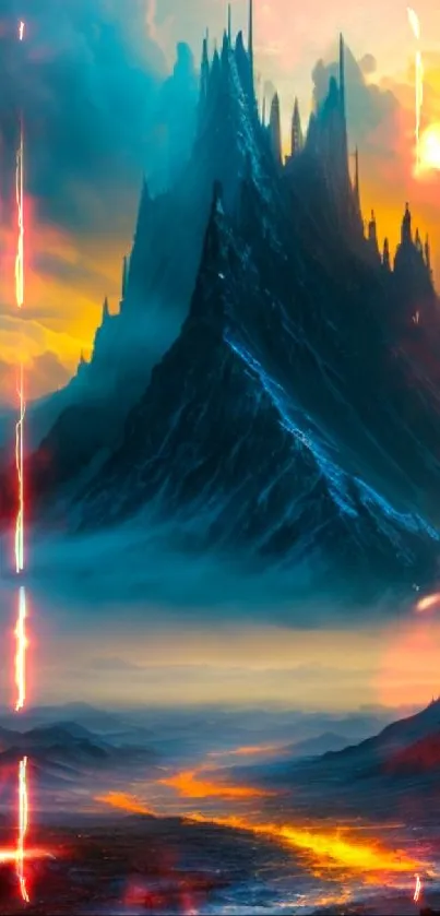 Fantasy mountain landscape with vibrant colors and dramatic clouds.